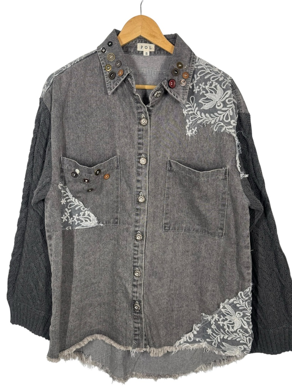 POL Denim Sweater Button Up Jacket Oversized Embroidered Lace Boho Gray artsy S